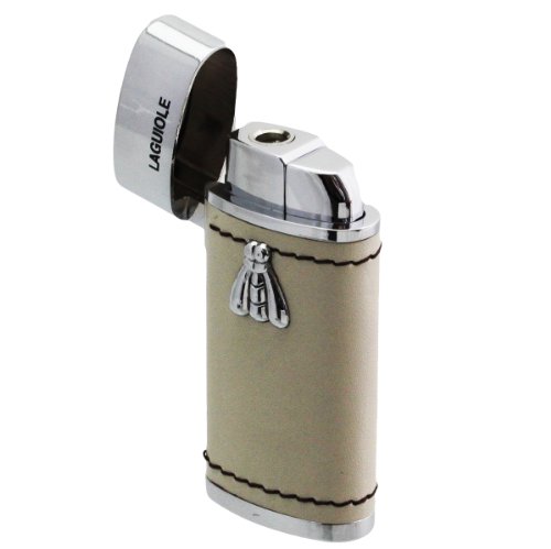 Hochwertiges Laguiole Gasfeuerzeug – Luxus Design, Geschenkset – Elegante Mischung zwischen Leder und Edelstahl – Chrom – verschiedene Farben (Beige) - 3