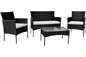 BUYEREMPIRE Garden Furniture Set 4 Piece Outdoor Rattan Sofa Coffee Tables & Chairs Bistro Wicter Conservatory Comfortable Pool Side Patio Lounger Black (4 Piece Black Rattan)