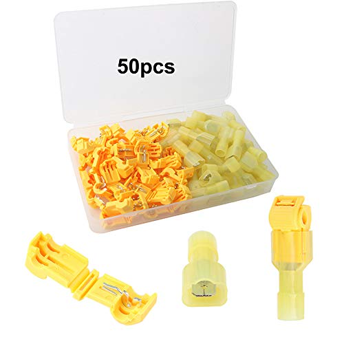 FULARR 50Pcs (25 Pairs) Premium T-Tap Filo Connettore Assortimento Kit, T-Tap Rapido Giuntura Terminale e Isolato Maschio Spade Terminale -- Giallo
