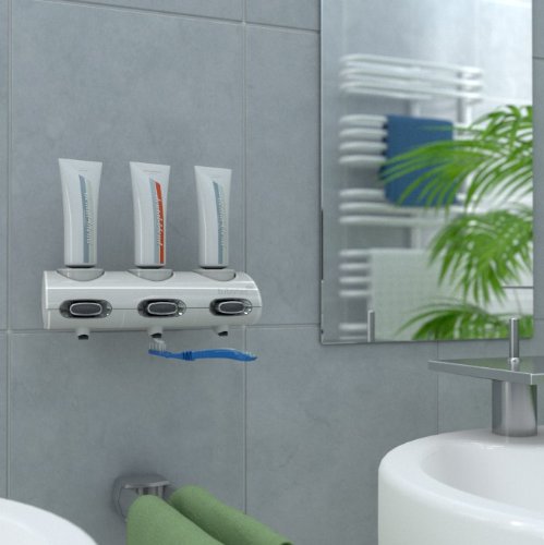 tubotec classic in weiß / Duschgelspender, Shampoospender, Zahnpastaspender, Seifenspender, Lotionspender und Duschablage zur Wandmontage in nur einem Produkt - 3