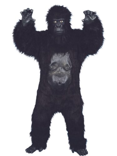Gorilla Deluxe Kostüm Schwarz Bodysuit mit Gummi-Brust Maske Händen und Füßen, One Size