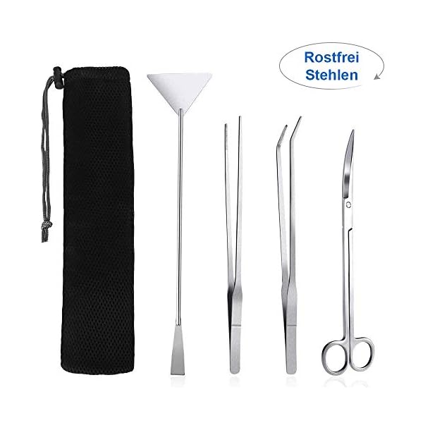 SlowTon Aquarium Werkzeugset, 4 in 1 Lange Edelstahl-Pinzette Schere Spatel Multifunktionales Aquarium-Werkzeug-Set für Fische und Wasserpflanzen Trimmen Aquascaping-Reinigungs- und Fisch-Starter-Kit
