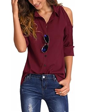 ELFIN® Damen Bluse Cold Shoulder Cut Out Hemdbluse Modern Loose Fit Langarm Oberteile