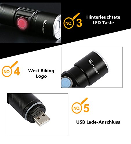 West Radfahren Bike USB wiederaufladbar Licht Super Bright LED Set, Mountain Bike, 3 Leuchtmodi, verstellbare Distanz Beleuchtung, Wasser beständig, Schwarz, Gold, einfach zu montieren, Scheinwerfer mit Lampenhalter - 4