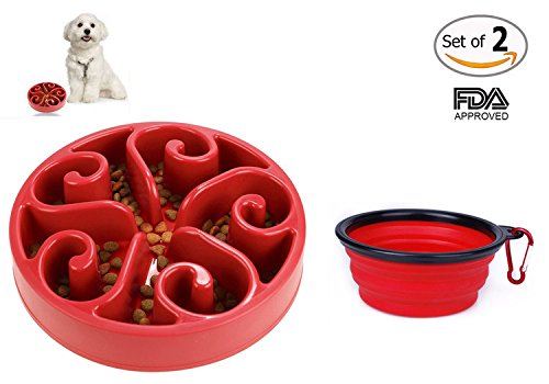 Motionjoy® 8.1 pulgadas Anti-tragando Cuenco con Comedero para Mascotas Bebedero Portatil de Viaje Plegable Cuenco del Perro & gato - FDA Aprobado (Rojo)