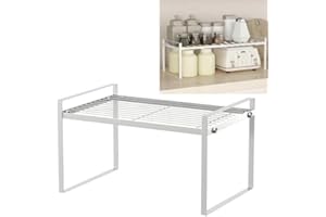 DAKLUNAR Organizador de armario de cocina, 33 x 21 x 18,5 cm, Organizador de Cocina de metal, estante para armario de cocina con alfombrilla antideslizante, para cocina, baño,tablero de mesa, aparador (Blanco)