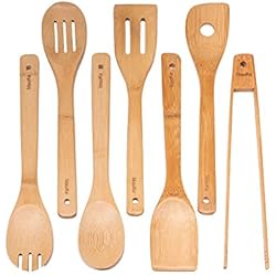 Ustensiles De Cuisine En Bois De Bambou - Set de 7 Accessoires Anti-Rayures (Cuillères, Spatules, Pinces) - Ensemble Ustensiles De Cuisine En Bambou 100% Écologiques Et Naturels - BlauKe