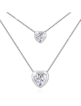 J.Rosée Kette Damen 925 Sterling Silber Zirkonia 1.0 carat Doppelkette mit Herz Anhänger 