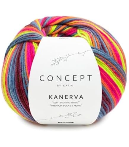 Katia Concept Sockenwolle Kanerva 150g – Neongelb-pink-weinrot, 75% Schurwolle