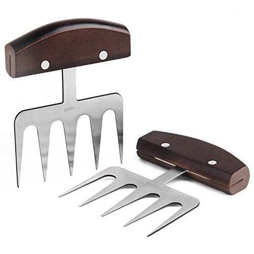 INTEY Edelstahl Pulled Pork Krallen 2-teilig Fleischkrallen BBQ Meat Claws mit Holzgriffen als Schneidhilfe für Grill, 1 Paar