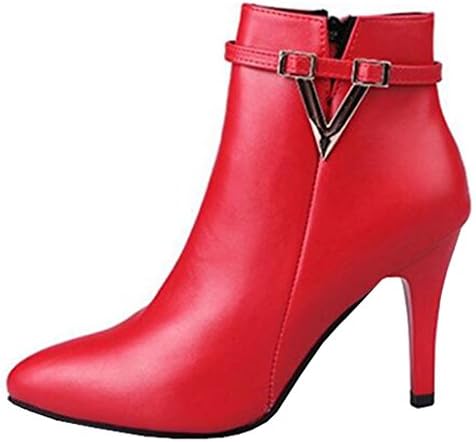 Mashiaoyi Binying Women's British Style Buckle Pointed-Toe Stiletto Zip Metal Ankle Boots UK 5 Red PU