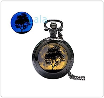 Glow in the Dark Moon and Tree Glowing Pocket Watch Necklace Glowing Watch Jewelry Jewelry Glow Glow in the Dark Watch Pendant
