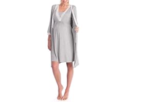 Bysion Donna Set Vestaglia e Camicia Cotone Allattamento Premaman Elegante Scollo a V Pizzo Vestito Pigiami Casa Casual Comodo - Pacco da 2