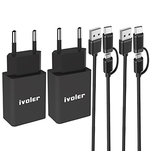  Lot de 2  iVoler Extra Mini Chargeur USB Secteur 12W 2 4A avec 2 en 1 C  ble Micro USB   Type C  1m   Universel Secteur Mural pour Samsung Galaxy S9   S9    S8   S8    S7   S7 Edge   S6 Edge S6 Edge   iPhone  Huawei  ASUS  LG  Wiko  Motorola  LE PLUS COURT ET PETIT USB Adaptateur Secteur USB avec Technologie de Charge Qsmart pour Apple iPhone  iPad  Android smartphone  Tablette  Batteries Externes etc  - Noir