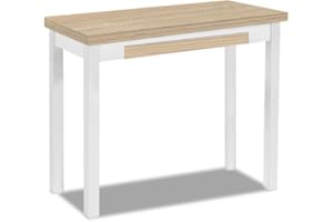 ASTIMESA - Mesa de Cocina Tipo Libro con Cajón - Mesa con Tapa de Madera Laminada en Color Roble Claro - Estructura Madera Laminada Blanca - Mesa Extensible de 80 x 40 cm a 80 x 80 cm