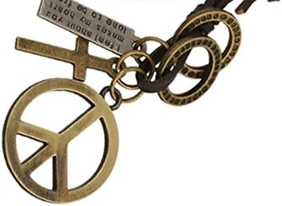 SheClub® Leather Pendant Chain (Adjustable) Fashion Gold Cross- Peace Symbol - Vintage Silver Color Brown Leather Pendant Necklace Silver Gold Cross Peace Sign Adjustable Memorable Chain-Men and Women