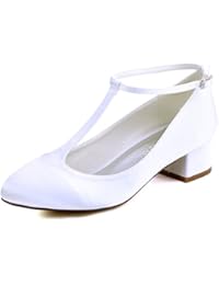 ElegantPark Mujer Cerrado Toe Chunky Tacón T-Correa Bombas Satén Zapatos de vestir de noche