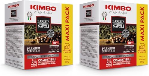 Kimbo, Barista Espresso Napoli, 60 Capsule Caffè in Alluminio Compatibili Nespresso®* Original®*, Miscela Corposa, Intensità 10/13, Tostatura Medio-Scura, 2 Pack da 30 Capsule (Confezione da 2)