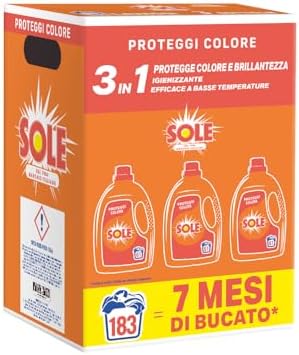 Sole Detersivo Lavatrice Proteggi Colore 183 Lavaggi, Formula igienizzante, Detersivo Lavatrice Liquido Proteggi Colore, rimuove le macchie a basse temperature
