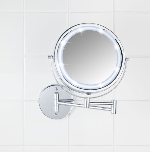 WENKO 3656530100 Power-Loc LED Wandspiegel Lumi – Befestigen ohne bohren, Spiegelfläche ø 17.5cm, 500% Vergrößerung, Stahl, 25.5 x 32 x 4-35 cm, Chrom - 14