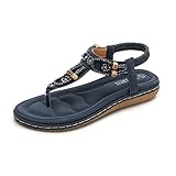 Zoerea Damen Sandalen Flach, Frauen Bohemia Sandals Strass Strand Sommerschuhe Flip Flop Blau,39