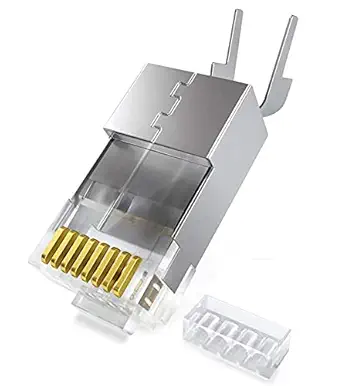 TECH-X RJ45 Cat7 & Cat6A Crimping Connectors plug, 50U Nickel Plated 3 Prong Shielded FTP/STP External Ground for 23 AWG (0.573mm) Network Cable, Metal Shielded, RJ45 8P8C Modular Plug,20 Pcs.