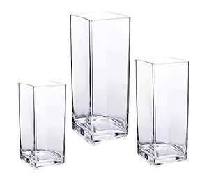 Rishabh Home Decoration Squire Vase, Clear Glass Square Vase, Centerpieces Glass Vase (Set of (6,8,10 Inch))