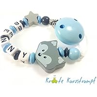 Schnullerkette mit Namen für Jungen mit Fuchs, Stern - blau, anthrazit, grau