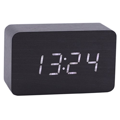 hibote Cuboid Sound Control Single Display Wooden Modern LED Digital Alarm Desk USB/ AA Battery Powered Clock Thermometer Calendar for Home Bedroom Office Use(Black Wood + White LED)