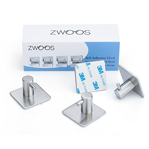 ZWOOS 4 Stk Selbstklebender Haken 3M Aufkleber Kleiderhaken Edelstahl Rostfrei Bad und Küche Handtuchhalter Kleiderhaken - 3