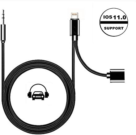 iPhone X 10 8 7 Aux Charger Cable, 2 in 1 Extend Lightning to 3.5mm Car Stereo Audio Jack Adapter and 8 Pin Female Lightning Charging Converter,Support Apple iOS 10.3(Black)
