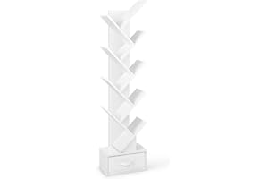 CASART 10-Tier Tree Bookshelf, Slim Tall Floor Standing Bookcase with Drawer & Wall Anchor, Wooden Display Shelving Storage Rack for Living Room Bedroom Office (White)