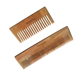Twessh Neem Wood Comb | Handmade By Rural Female Artisans |Treated with Neem & 13 Herbal Oils | Wooden Comb for Women & Men | Wide + Dual Combo(Pack Of 2)