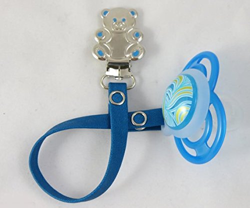 Genuine Leather Pacifier soother dummy holder clip for Baby girl/boy - (blue)