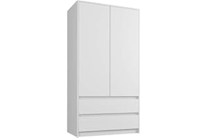 Framire B-9 szafa na ubrania w kolorze białym, 2-drzwiowa szafa na ubrania, 2 szuflady, szafa na ubrania do sypialni, salonu, korytarza, 180 x 90 x 55 cm