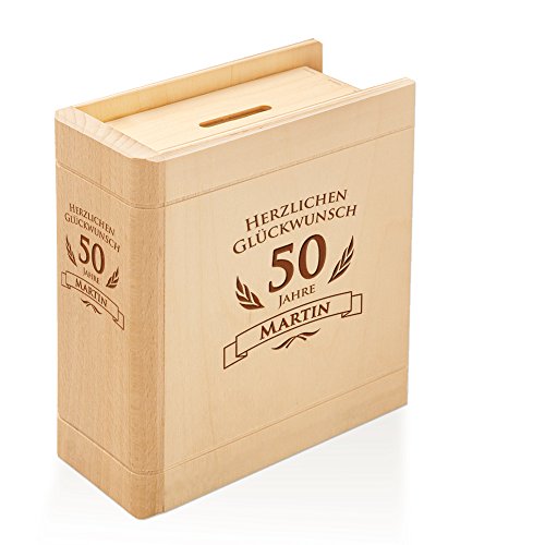 Spardose Buch aus Holz zum 50. Geburtstag mit Gravur – Personalisiert mit Namen – Sparbüchse aus Ahornholz – 13,5 cm x 16,5 cm x 6,5 cm - 4