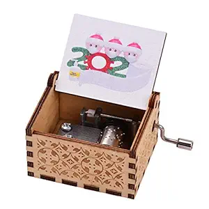 Decdeal Mini Wooden Hand Crank Music Box with Vintage Engraved Patterns Christmas Festival Musical Gifts Home Office Decor Crafts(Melody: Merry Christmas)