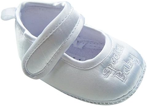MABINI® Baby Satin Christening / Special Occasion Shoes With "Special Baby" Embroidery Detail On Front - Size 18-24 Months, Colour White