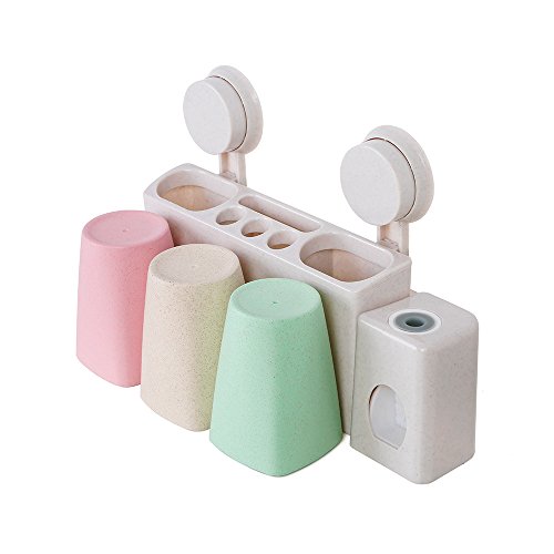 TechMe Auto Toothpaste Dispenser Toothbrush Holder 3 Cups set with Super Suction Hooks Wall Mounted