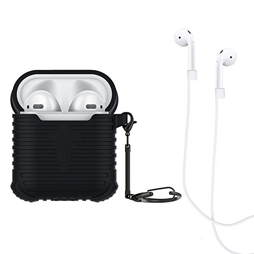 Bidear Coque en Silicone pour Airpods, Housse en Silicone de Protection Complet Cover de Résistant Aux Chocs avec Un Porte-clés + Strap pour Airpods Charging Box(Noir)