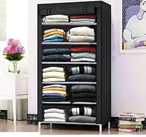 CMerchants Shop 6 Rack Metal & Non-Woven Fabric 1 Door (Foldable ) Collapsible Wardrobe Cabinet ,Black