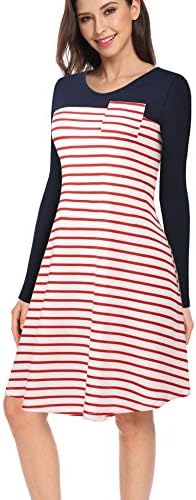 Vessos Women's Long Sleeve Pocket Striped Casual Loose T-Shirt Dress Red Medium