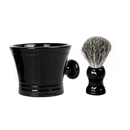 HO ISLETS High-End Shaving Soap Bowl Porcelain and 100% Badger Brush Kit Black