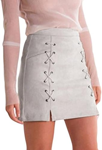 Quistal Skirts Women Lace-up Suede Mini Skirt Stretch Tight Short Skirt High-Waisted Lace Up Slit Bodycon Wrap Skirt Sexy Skirts Zip On Back (L, Gray)