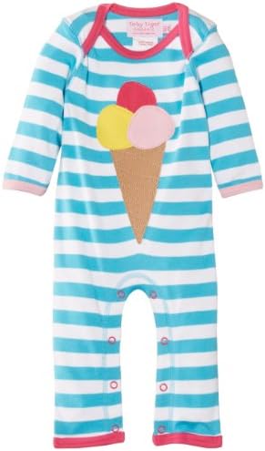 Toby Tiger Baby Girls Organic Ice Cream Sleepsuit Striped Bodysuit, Blue, 0-3 Months