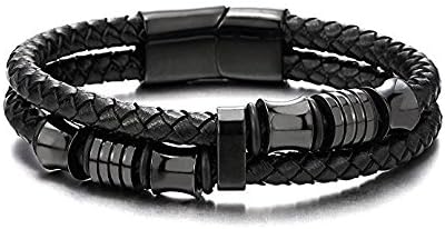 Star Appeal Black Titanium Men's Braided Leather Bracelet Black with Magnetic Clasp and Pearl in Silver &amp; Titanium Black-black
