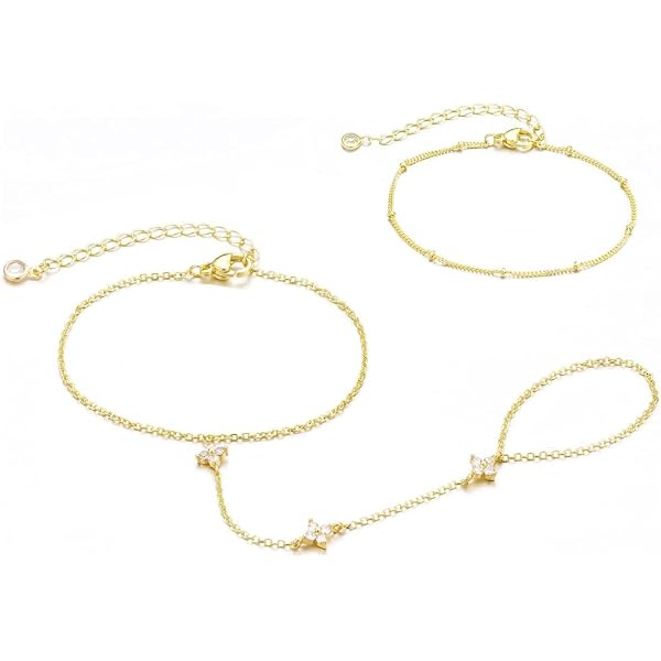 Anello Bracciale Catena A Mano In Acciaio Inox Con Zirconi - Placcato Oro 14K, Gioiello Donna