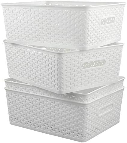 Sandmovie Plastic Stackable Storage Basket Organizer, Large Plastic Storage Baskets, Black, Set of 2, F