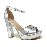  Angkorly - Zapatillas Moda Tacón escarpín Sandalias La Noche Glamour Plataforma Mujer Correas Cruzadas metálico Tacón Ancho Alto 11 CM - Plata 2 B-93 T 40