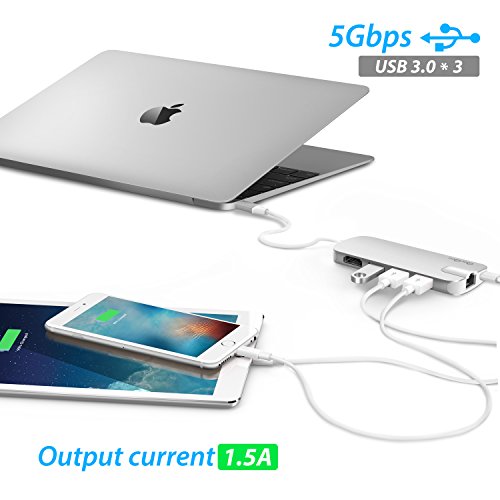 USB C Hub QacQoc USB C Adapter mit Typ C Ladeanschluss, HDMI Port, Gigabit LAN, SD-Kartenleser, Micro SD-Kartenleser, 3 USB 3.0 Port für Typ C Geräte wie MacBook, MacBook Pro, Google Chromebook (Silber) - 3